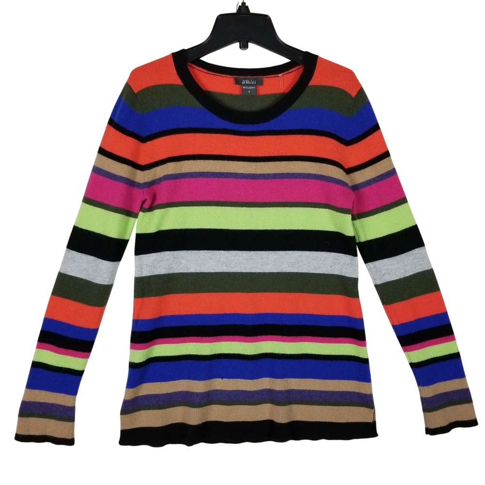 Pure Amici Sweater Women S Multicolor Striped 100% Cashmere Crew Neck Pullover